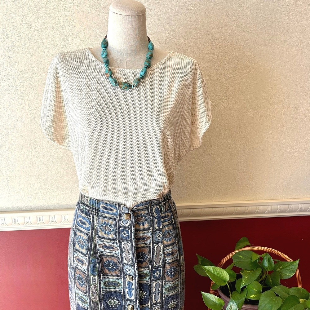 Vintage Lauren Lee Cream Sweater Top M USA Made Textured Knit Neutral Semi Sheer